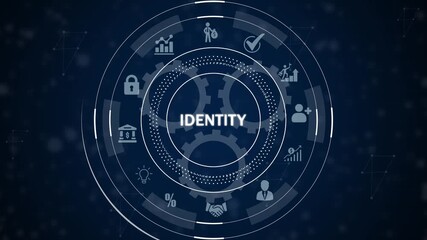 Futuristic digital interface with the word IDENTITY at its center surrounded by interconnected for data analysis financial growth security and business concepts on a dark blue - Powered by Adobe