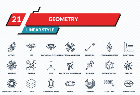 geometry icons set - attach, off, polygonal elephant, select all, hexahedron outline vector collection.