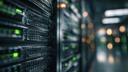 Server racks with green lights in a blurred, darkened data center hallway