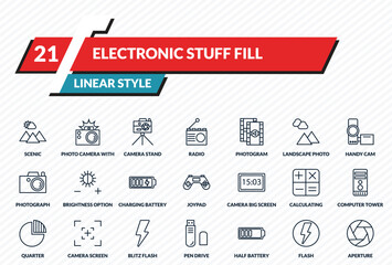 electronic stuff fill icons set - scenic, photo camera with flash, camera stand, flash, aperture outline vector collection. © IconArt