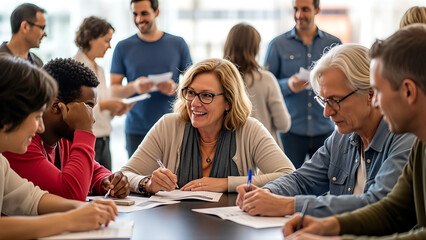 Fototapeta premium Diverse group of professionals engaged in a collaborative meeting around a table in a bright office setting