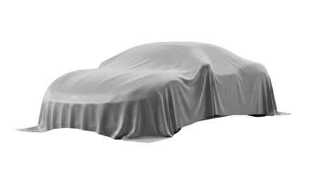 Luxury Automobile Covered With Grey Fabric Silk Cloth Revealing Silhouette Auto Car Design Mystery Luxury Transport isolated on transparent background