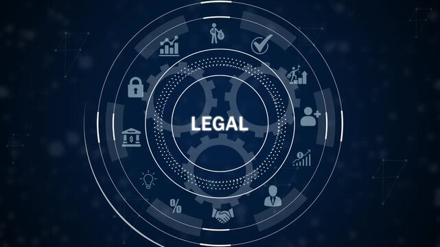 Futuristic digital interface with the word LEGAL at its center, encircled by financial and business on a dark blue background with network patterns