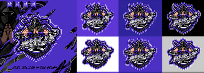 Modern hooded ninja e-sports mascot logo praying shinobi pose with crossed swords and shuriken's warrior shield gaming emblem t-shirt printing. gamer illustration for e-sport team.