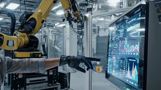 A gloved hand points to a screen showing data, robotics, factory environment