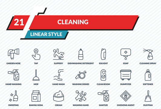 cleaning icons set - garden hose, tap, slippery, oxidizing agent, dustpan outline vector collection.