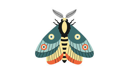 beautiful and colorful decorative moth with teal wings and vibrant orange and yellow spots in symmetrical style.