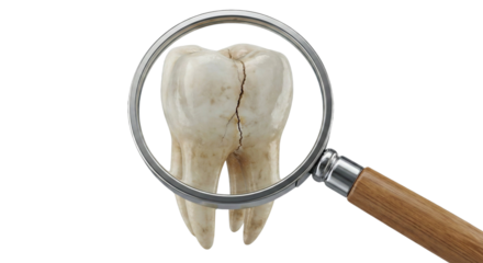 Magnifying Glass Examining Cracked Tooth Showing Decay and Damage isolated on transparent background