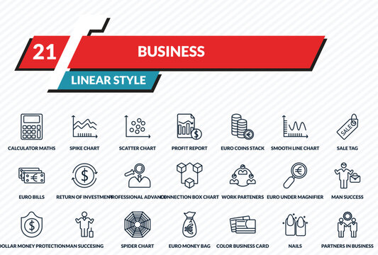 business icons set - calculator maths tool, spike chart, scatter chart, nails, partners in business outline vector collection.