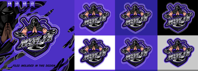 Modern hooded ninja e-sports mascot logo praying shinobi pose with crossed swords and shuriken's warrior shield gaming emblem t-shirt printing. gamer illustration for e-sport team. eps