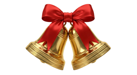 Pair of Golden Christmas Bells Tied With A Red Bow isolated on transparent background