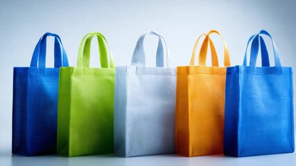 Eco-Friendly Shopping: A line of vibrant reusable shopping bags stands ready, highlighting eco-consciousness and sustainable choices.