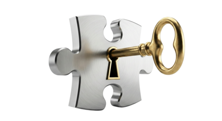 Puzzle Piece with Golden Key in Keyhole representing solution success and opportunity isolated on transparent background