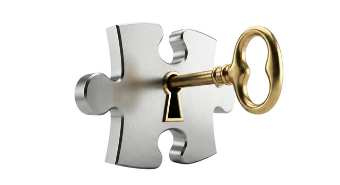 Puzzle Piece with Golden Key in Keyhole representing solution success and opportunity isolated on transparent background
