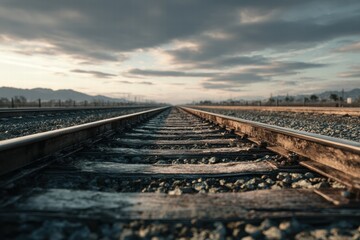 Train Tracks Stretch to Horizon Under Cloudy Sky for Travel, Future Theme