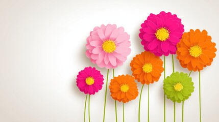 Vibrant Paper Flowers with Green Stems on Light Background for Decorative and Design Projects