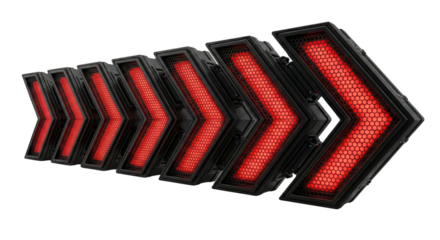 Row of Red Illuminated Chevron LED Directional Indicators Moving Forward isolated on transparent background