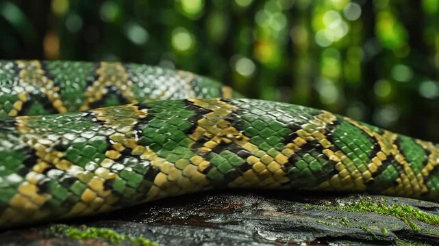 Intricate Scale Pattern of a Green and Yellow Python Coiled on Mossy Rock in a Lush Jungle Habitat