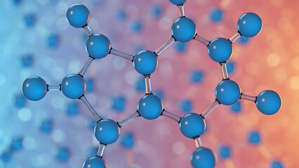 Molecular structure representation with blue spheres and silver bonds in a vibrant background
