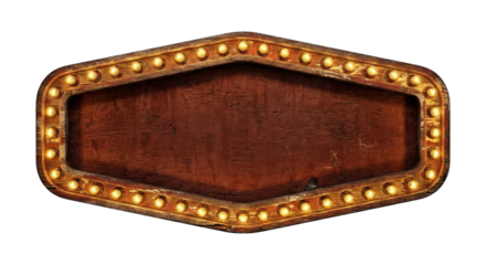 Rustic Marquee Sign Empty Wooden Frame With Light Bulbs Vintage Retro Entertainment Display isolated on transparent background