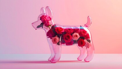 A unique translucent dog figure artfully arranged with lush red and pink roses, set against a smooth pink to yellow gradient backdrop.