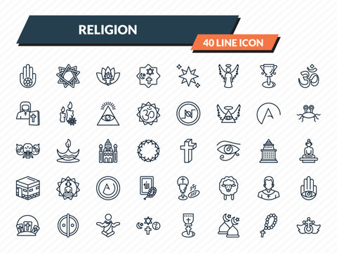 religion icons set - jainism, bahai, lotus position, rosary, heresy outline vector collection.