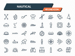 nautical icons set - double paddle, snorkel, pipe, fish, double air tank outline vector collection.