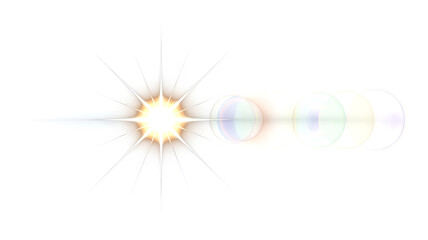 Golden sunburst lens flare effect isolated on transparent background, bright sparkle light beam overlay