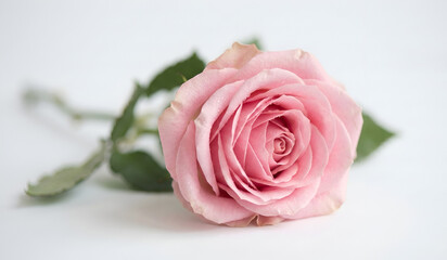 Fototapeta premium Soft Pink Rose Flower Isolated on White Background with Green Leaves, Romantic Floral Macro for Love, Beauty, and Elegant Design Concepts