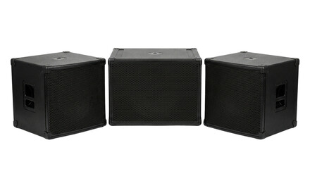 Obraz premium Three professional black audio subwoofers arranged in a row showing front and side panels for sound equipment isolated on transparent background