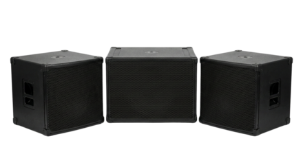 Three professional black audio subwoofers arranged in a row showing front and side panels for sound equipment isolated on transparent background