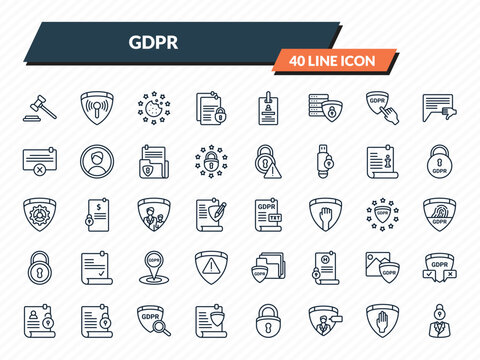 gdpr icons set - auction, communications, cookie, right to objection, person outline vector collection.