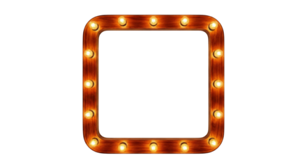 Vintage Marquee Light Frame with Wooden Border Square Shape and Illuminated Bulbs isolated on transparent background