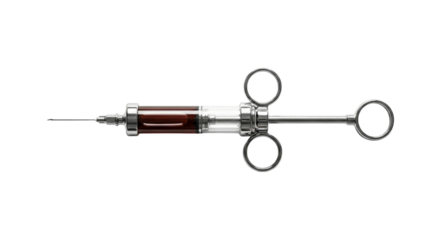 Vintage Medical Syringe with Dark Red Fluid and Needle Metallic Finger Grips isolated on transparent background