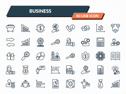 business icons set - mining cart, measure success, return of investment, pounds money bag, loss chart outline vector collection.