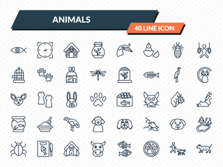 animals icons set - fish eye, hunted, kennel, walking dog, leopard outline vector collection. © IconArt