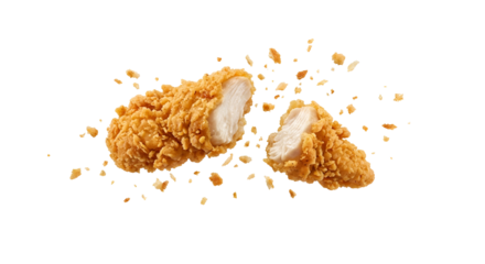 Crispy Golden-Brown Fried Chicken Tender Broken in Half, Revealing Juicy White Meat with Flying Crumbs, isolated on transparent background.
