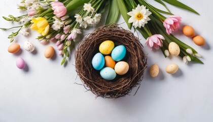 Easter flat lay with colorful painted eggs in a nest and fresh spring flowers.