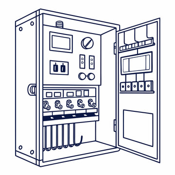Electrical control panel box with open door and internal components line art illustration