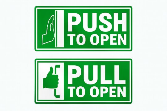 Push and pull to open door signs with green background