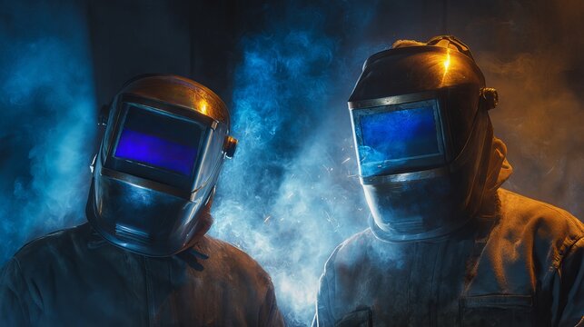 Two workers wearing protective gear and welding masks in a smoky industrial environment - Powered by Adobe