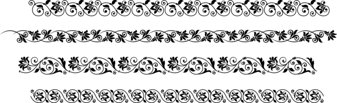 Antique Victorian floral scroll borders set with elegant black filigree ornaments for classical wedding stationery design