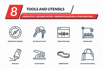 tools and utensils icons set - orientation compass, key ring with two keys, sound wave bars, packing hine, bag with big handle outline vector collection.