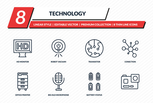 technology icons set - hd monitor, robot vacuum, transistor, conection, outline vector collection.