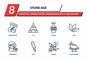 stone age icons set - dried insect in amber, tipi, pottery, leaf, roast chicken outline vector collection. © IconArt
