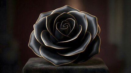 Elegant black rose with intricate golden trim resting on a dark, mysterious surface