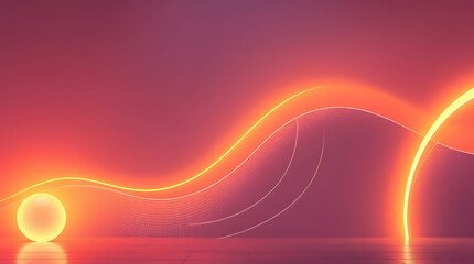 Glowing neon orange light wave with dotted lines on a gradient purple background