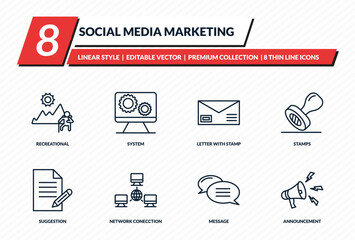 social media marketing icons set - recreational, system, letter with stamp, stamps, announcement outline vector collection.