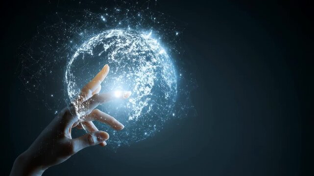Global technology connectivity network for the world future. This communication digital earth innovation features a human hand touching a glowing globe to symbolize international networking.
