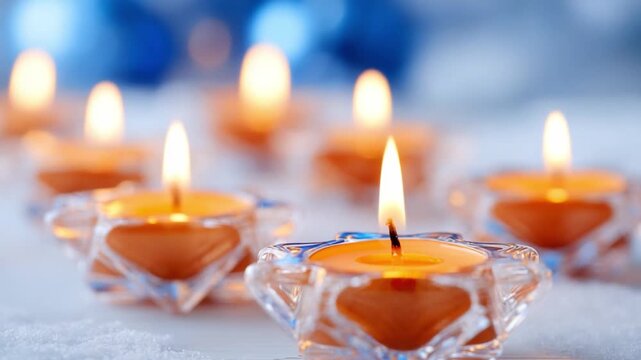 Candle Light Serenity: Capturing a close-up of a series of lit candles, offering a visual ode to peace and tranquility, perfectly illuminated with warm, golden hues. 